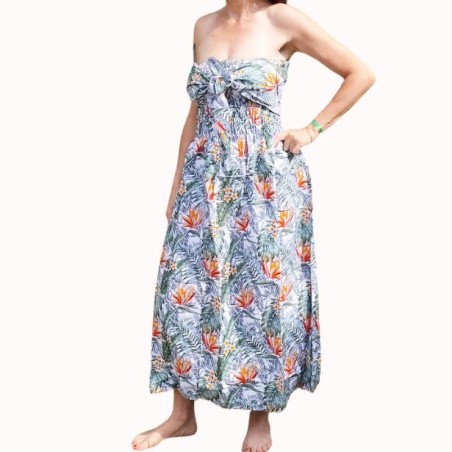 Robe bustier froncé couleur blanche motifs  fleurs oiseaux du paradis