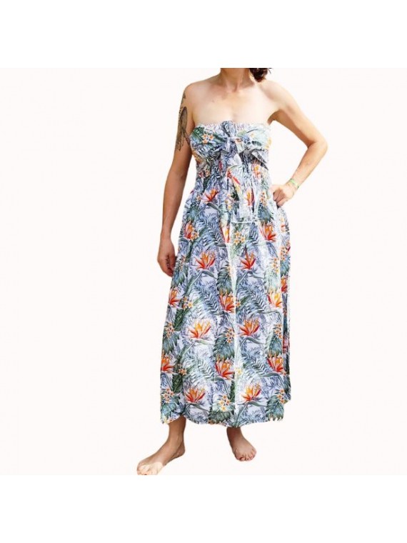 Robe bustier froncé couleur blanche motifs  fleurs oiseaux du paradis