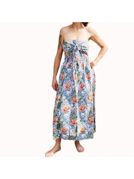 Robe bustier froncé couleur blanche motifs  fleurs oiseaux du paradis