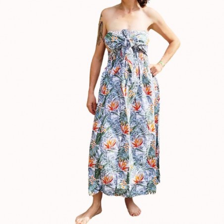 Robe bustier froncé couleur blanche motifs  fleurs oiseaux du paradis