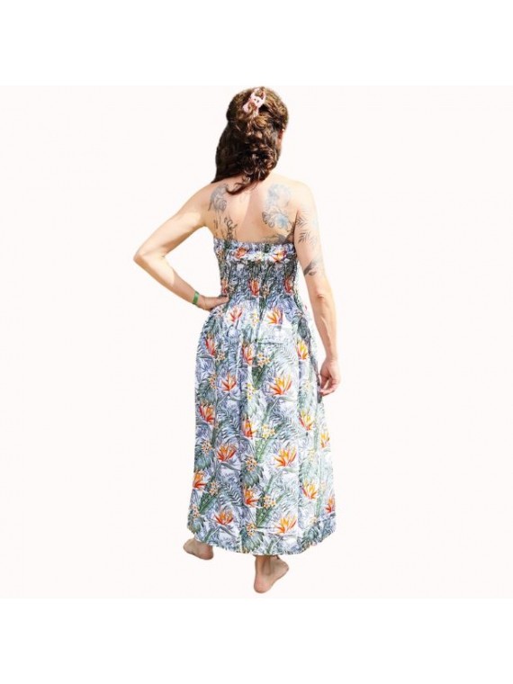 Robe bustier froncé couleur blanche motifs  fleurs oiseaux du paradis