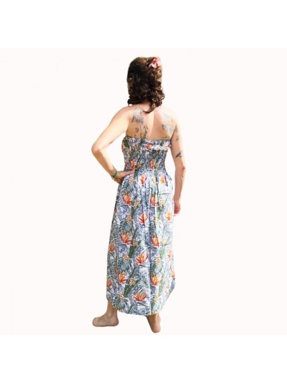 Robe bustier froncé couleur blanche motifs  fleurs oiseaux du paradis