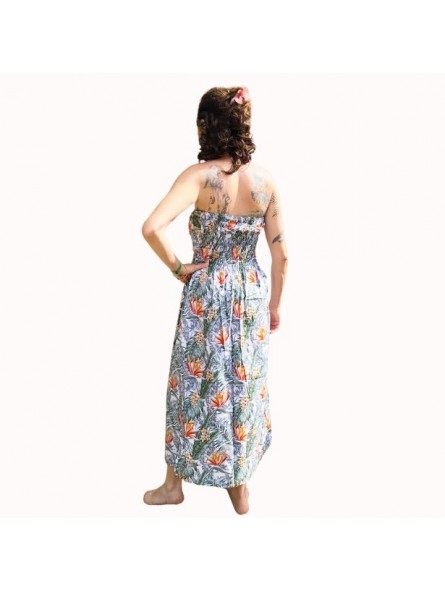 Robe bustier froncé couleur blanche motifs  fleurs oiseaux du paradis