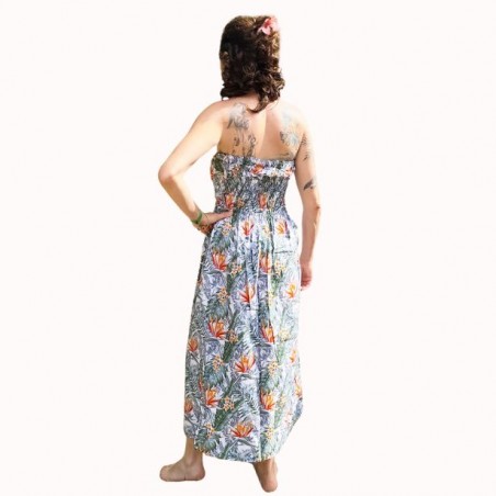 Robe bustier froncé couleur blanche motifs  fleurs oiseaux du paradis