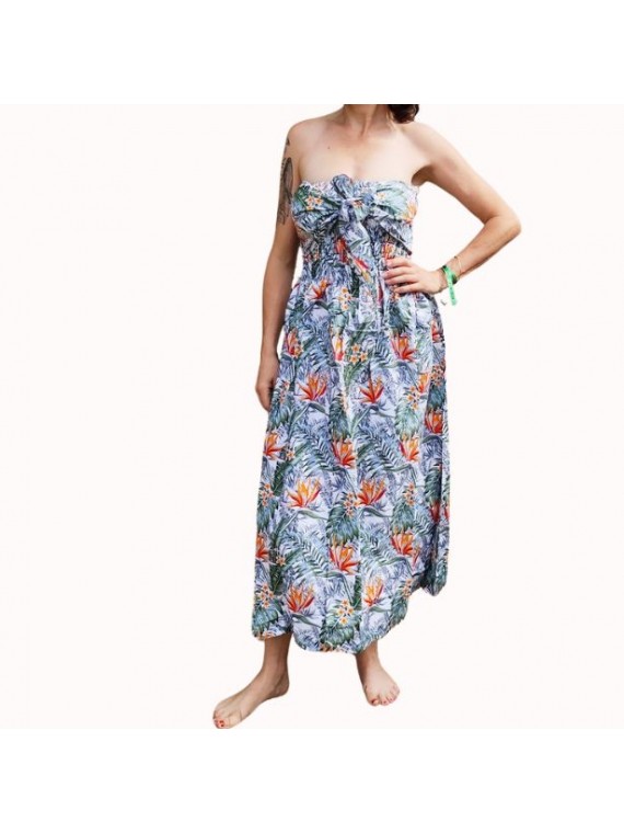 Robe bustier froncé couleur blanche motifs  fleurs oiseaux du paradis