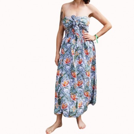 Robe bustier froncé couleur blanche motifs  fleurs oiseaux du paradis