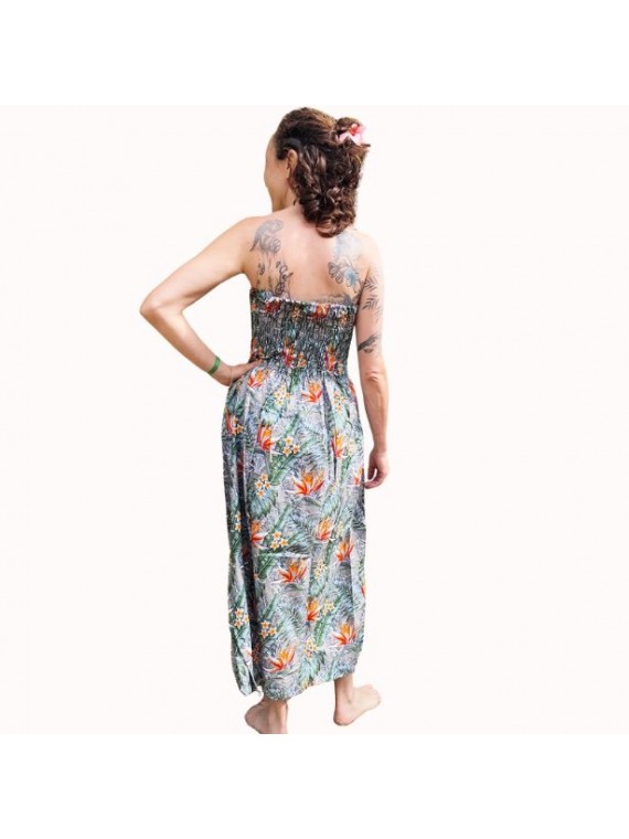 Robe bustier froncé couleur grise motifs  fleurs oiseaux du paradis