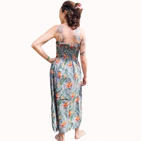 Robe bustier froncé couleur grise motifs  fleurs oiseaux du paradis