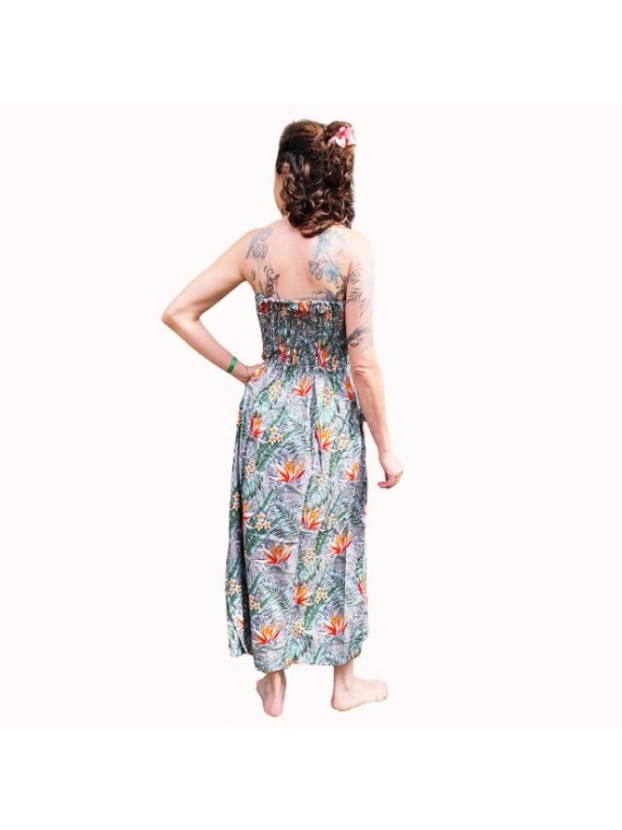Robe bustier froncé couleur grise motifs  fleurs oiseaux du paradis