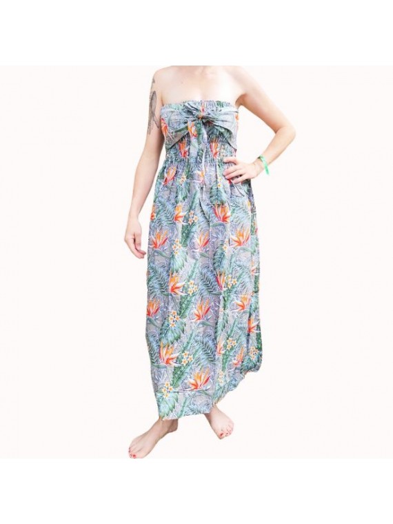 Robe bustier froncé couleur grise motifs  fleurs oiseaux du paradis