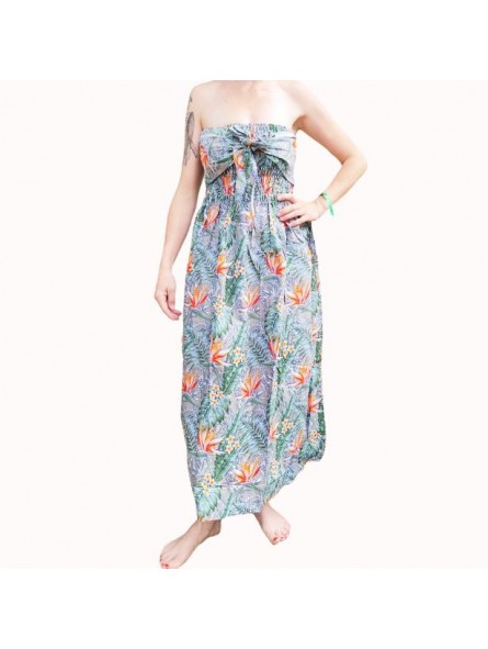 Robe bustier froncé couleur grise motifs  fleurs oiseaux du paradis