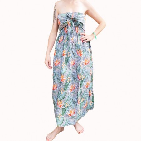 Robe bustier froncé couleur grise motifs  fleurs oiseaux du paradis