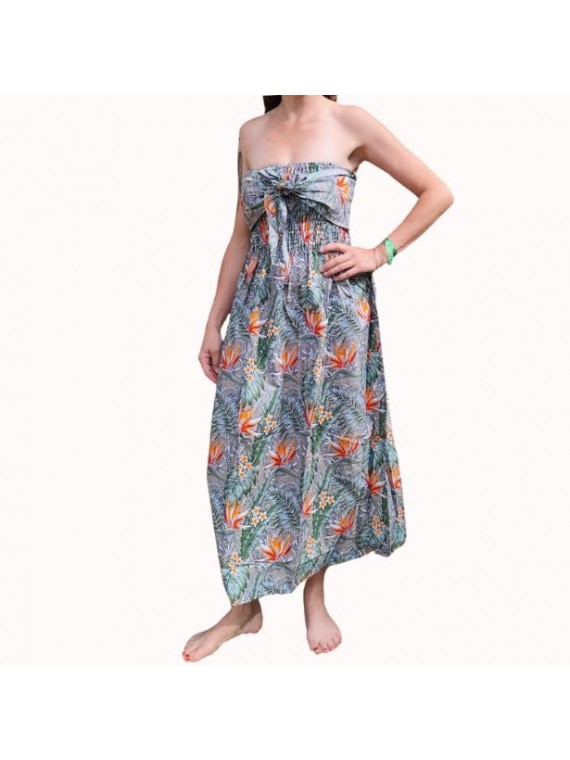 Robe bustier froncé couleur grise motifs  fleurs oiseaux du paradis