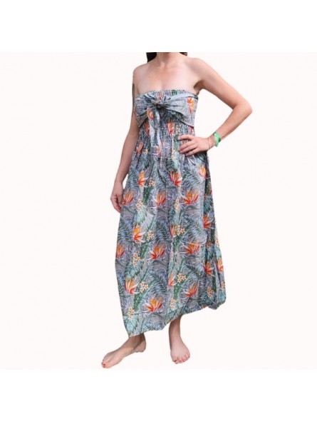 Robe bustier froncé couleur grise motifs  fleurs oiseaux du paradis