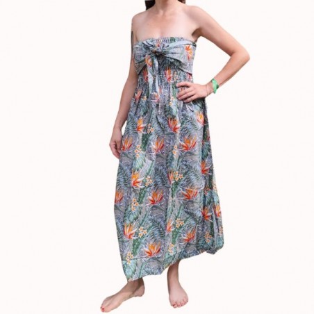 Robe bustier froncé couleur grise motifs  fleurs oiseaux du paradis