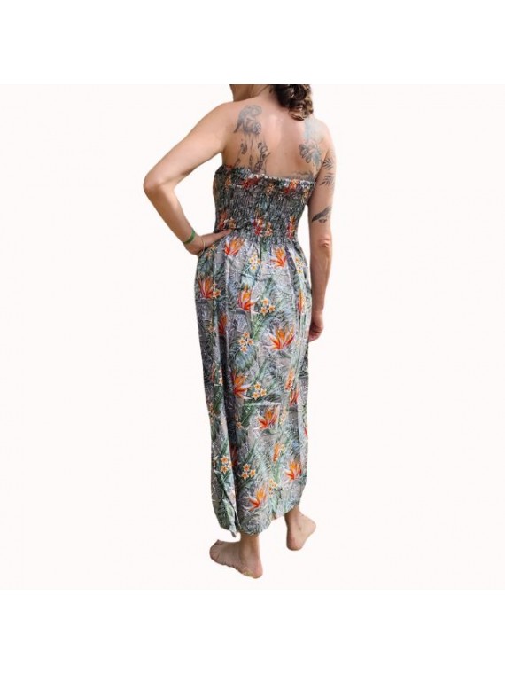 Robe bustier froncé couleur grise motifs  fleurs oiseaux du paradis