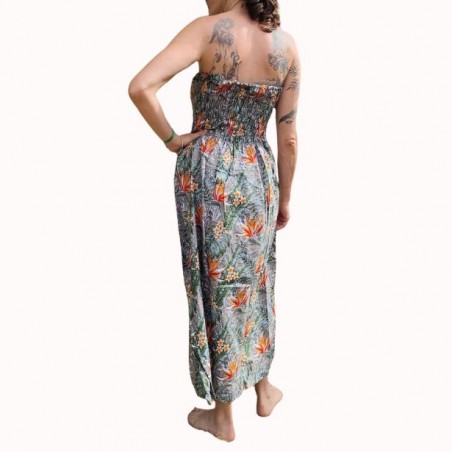 Robe bustier froncé couleur grise motifs  fleurs oiseaux du paradis