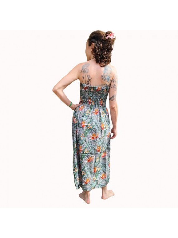 Robe bustier froncé couleur grise motifs  fleurs oiseaux du paradis