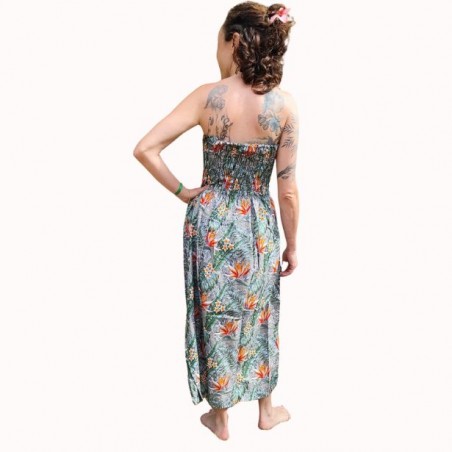 Robe bustier froncé couleur grise motifs  fleurs oiseaux du paradis