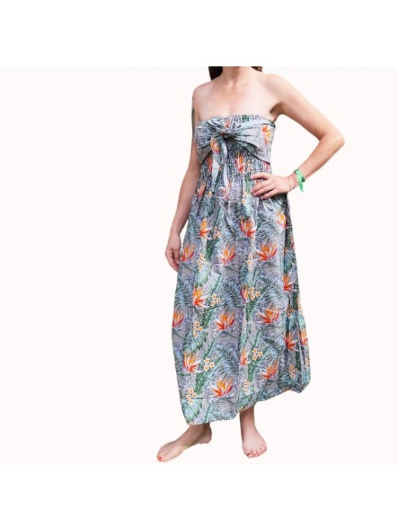 Robe bustier froncé couleur grise motifs  fleurs oiseaux du paradis
