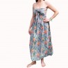 Robe bustier froncé couleur grise motifs  fleurs oiseaux du paradis