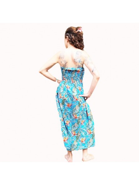 Robe bustier froncé couleur turquoise motifs  fleurs oiseaux du paradis