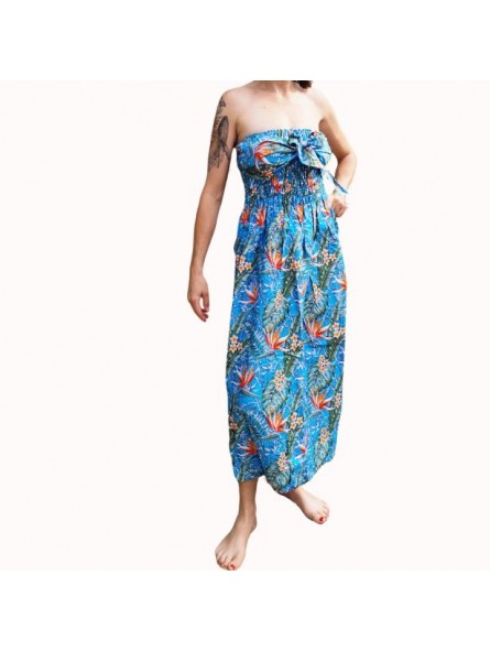 Robe bustier froncé couleur turquoise motifs  fleurs oiseaux du paradis