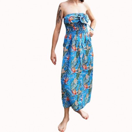 Robe bustier froncé couleur turquoise motifs  fleurs oiseaux du paradis