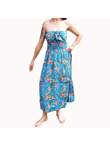 Robe bustier froncé couleur turquoise motifs  fleurs oiseaux du paradis