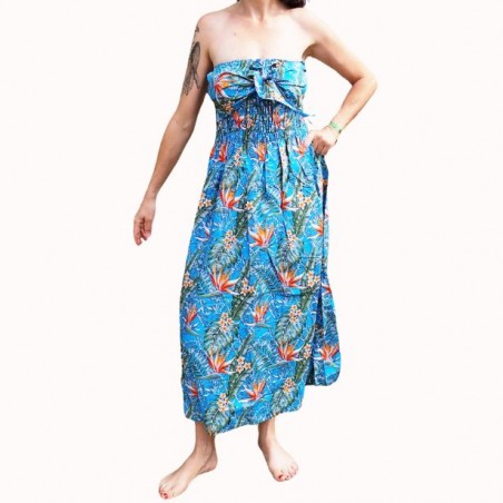 Robe bustier froncé couleur turquoise motifs  fleurs oiseaux du paradis
