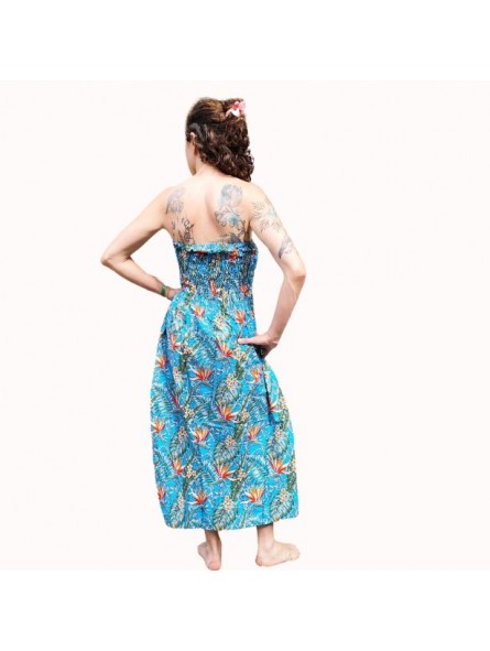 Robe bustier froncé couleur turquoise motifs  fleurs oiseaux du paradis