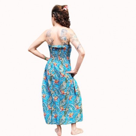 Robe bustier froncé couleur turquoise motifs  fleurs oiseaux du paradis