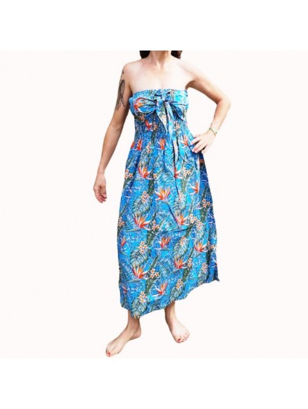 Robe bustier froncé couleur turquoise motifs  fleurs oiseaux du paradis