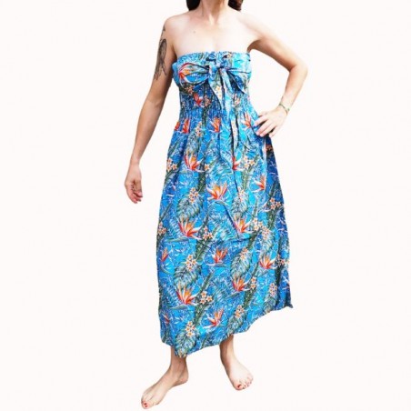 Robe bustier froncé couleur turquoise motifs  fleurs oiseaux du paradis