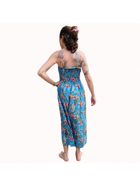 Robe bustier froncé couleur turquoise motifs  fleurs oiseaux du paradis