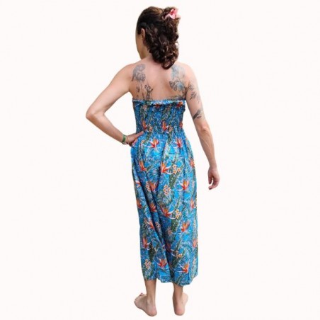 Robe bustier froncé couleur turquoise motifs  fleurs oiseaux du paradis