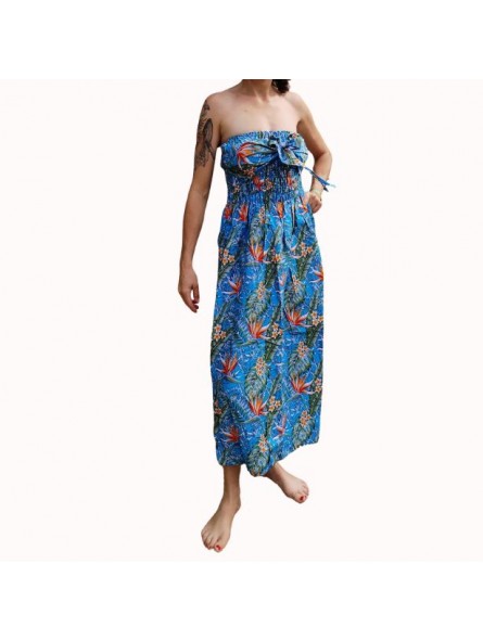Robe bustier froncé couleur turquoise motifs  fleurs oiseaux du paradis