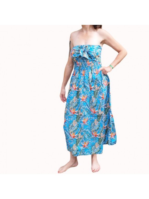 Robe bustier froncé couleur turquoise motifs  fleurs oiseaux du paradis