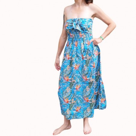 Robe bustier froncé couleur turquoise motifs  fleurs oiseaux du paradis
