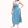 Robe bustier froncé couleur turquoise motifs  fleurs oiseaux du paradis