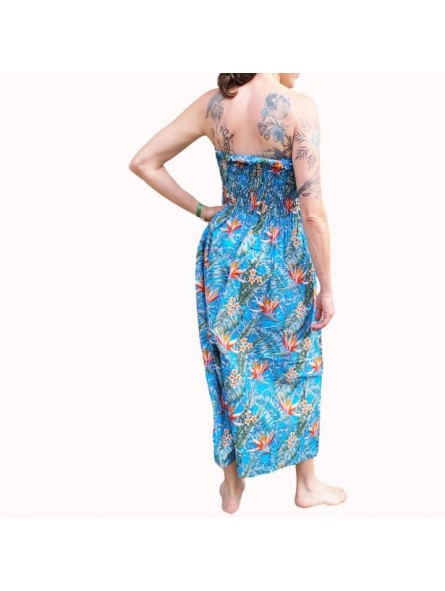 Robe bustier froncé couleur turquoise motifs  fleurs oiseaux du paradis