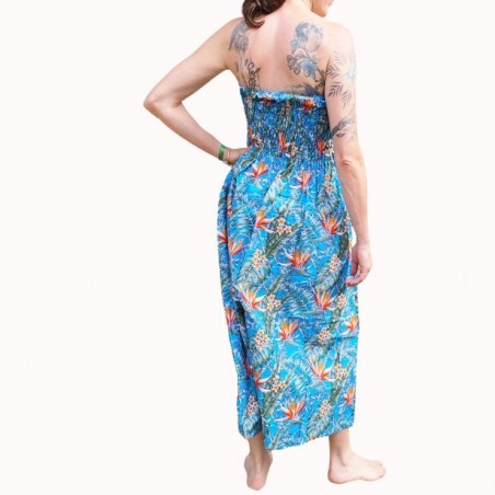 Robe bustier froncé couleur turquoise motifs  fleurs oiseaux du paradis
