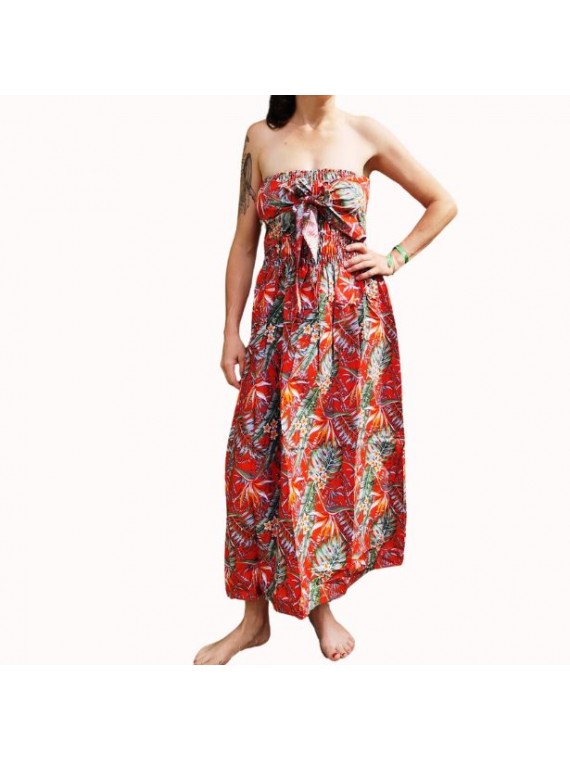 Robe bustier froncé couleur rouge motifs  fleurs oiseaux du paradis