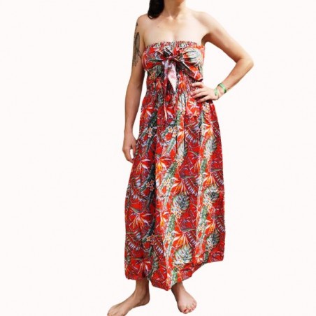 Robe bustier froncé couleur rouge motifs  fleurs oiseaux du paradis