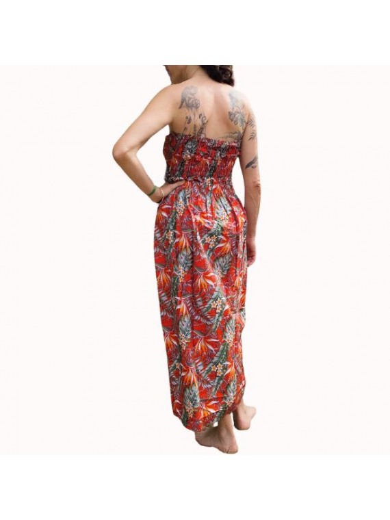 Robe bustier froncé couleur rouge motifs  fleurs oiseaux du paradis