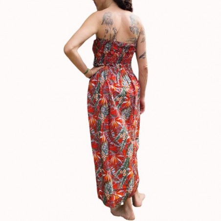 Robe bustier froncé couleur rouge motifs  fleurs oiseaux du paradis