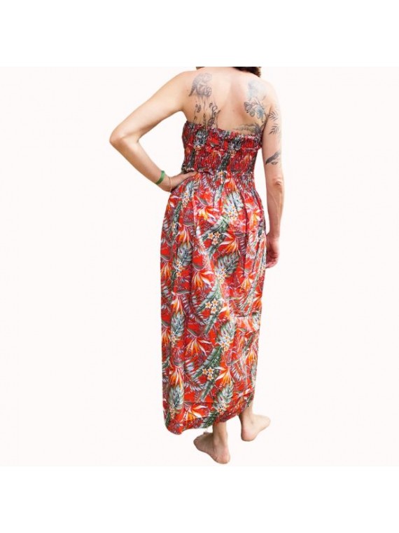 Robe bustier froncé couleur rouge motifs  fleurs oiseaux du paradis