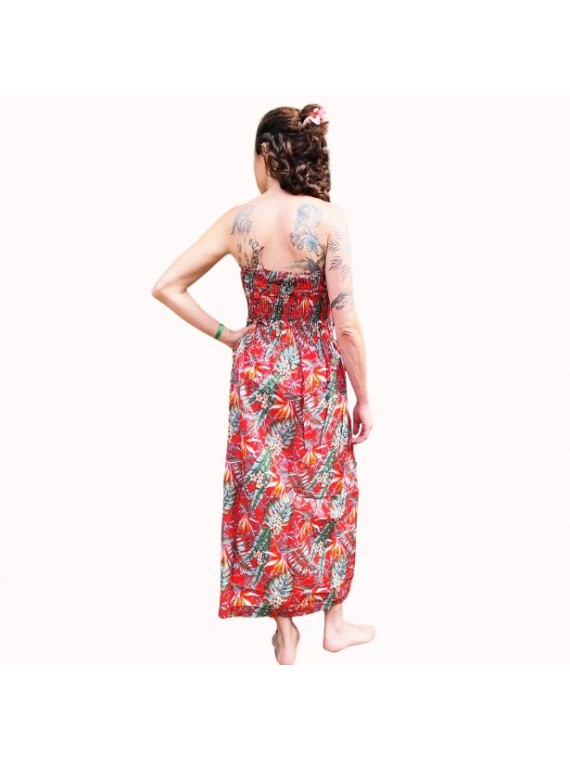 Robe bustier froncé couleur rouge motifs  fleurs oiseaux du paradis