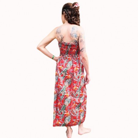 Robe bustier froncé couleur rouge motifs  fleurs oiseaux du paradis