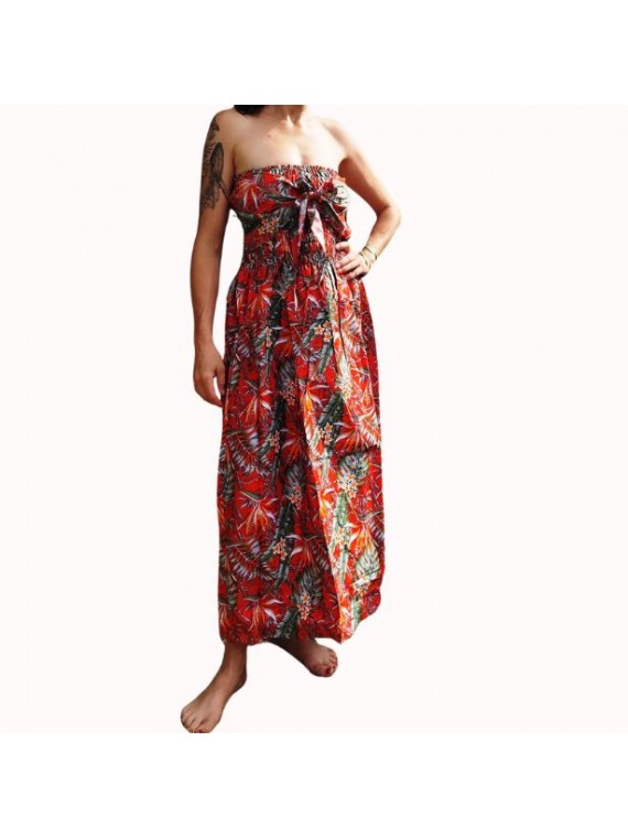 Robe bustier froncé couleur rouge motifs  fleurs oiseaux du paradis